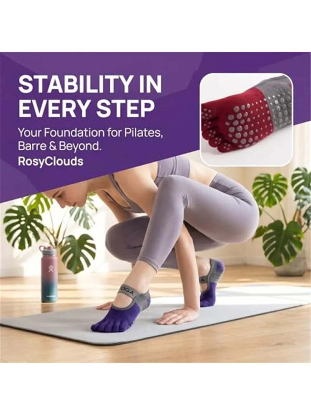 6 Pairs Women's Yoga Socks with Grips Non-Slip Full Toes Socks